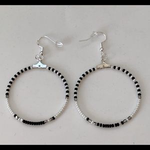 Handmade Beaded Hoop Earrings in Black and White